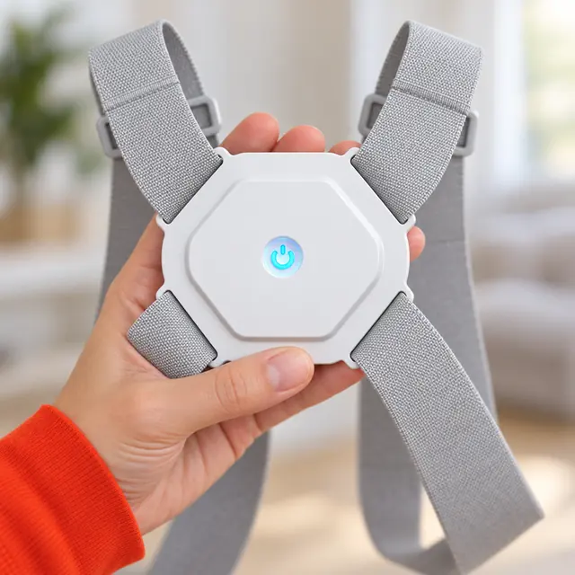 A hand holding up the white hexagonal SpineBuzz module, its blue power symbol lit and the gray straps leaving its corners