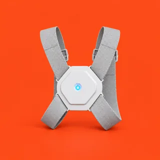 SpineBuzz, the white hexagonal module with its blue power symbol on two gray crossed elastic straps, on a vermilion background