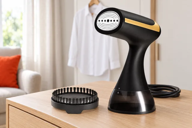 The black and gold SteamCouture standing on its base on a chest of drawers, its round bristle brush head beside it, a shirt on a hanger and an armchair behind