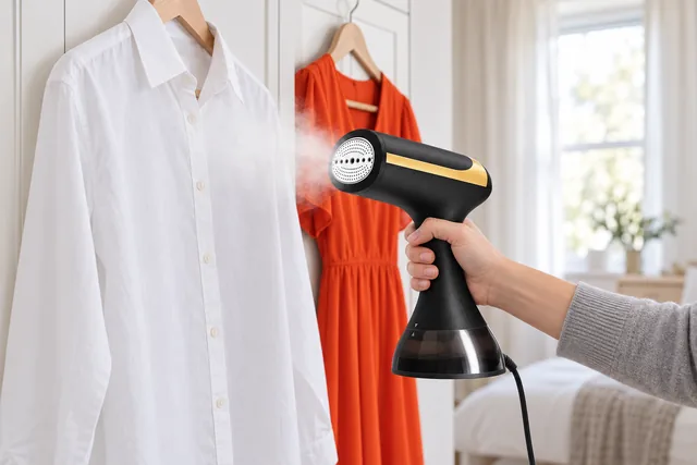 A hand holding the black and gold SteamCouture upright to a white shirt on a hanger, a plume of steam on the fabric