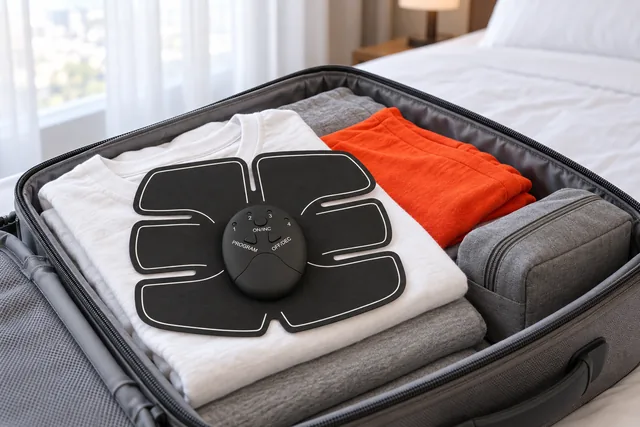 Das schwarze Stymex-Pad liegt auf gefalteten T-Shirts in einem offenen Handgepäckkoffer auf einem Hotelbett, daneben ein Kulturbeutel