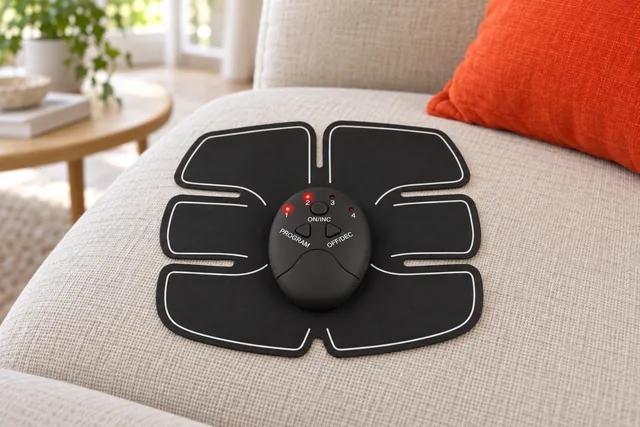 Das schwarze Stymex-Pad liegt auf der Sitzfläche eines Leinensofas, in der Mitte die ovale Steuereinheit mit zwei leuchtenden roten LEDs