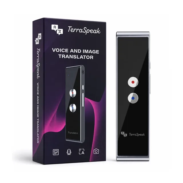 The slim black TerraSpeak translator in its silver frame, standing beside its dark violet box, on white
