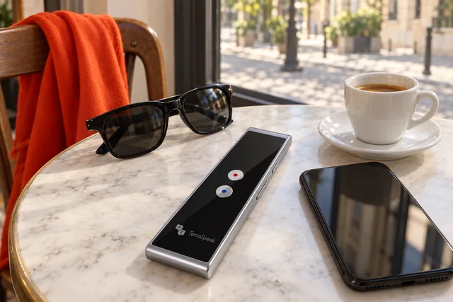 The black TerraSpeak lying on a round marble cafe table beside a phone, sunglasses and an espresso cup, a sunny street outside