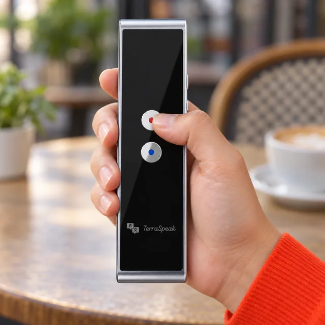 A thumb pressing the round button with the red dot on the black glass front of the TerraSpeak, the blue dot button below it