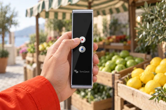 A hand holding the black TerraSpeak up in front of a market stall of lemons and green apples, the thumb at its red dot button