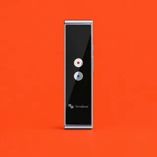 TerraSpeak, the slim black translator in a silver frame with its two round buttons, on a vermilion background