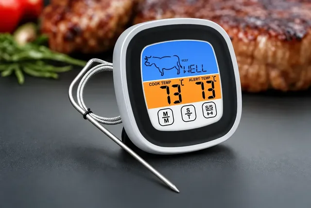 The ThermoReady standing on a dark counter, its display reading BEEF and WELL, its probe in front and grilled meat behind