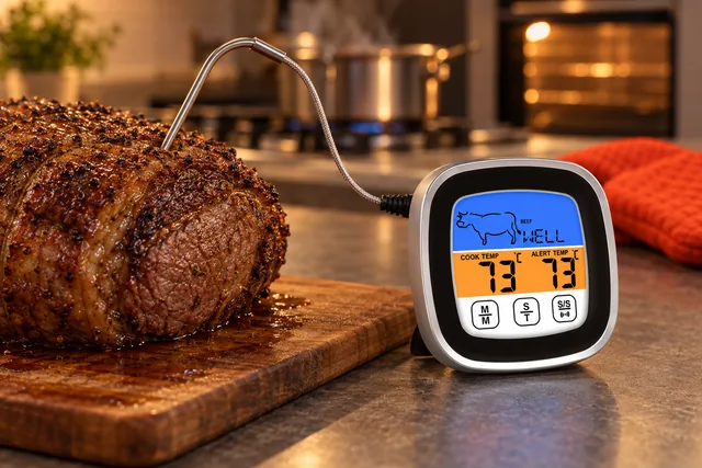 The ThermoReady standing on a kitchen counter, its probe in a joint of roast beef on a board, a pot on the hob behind