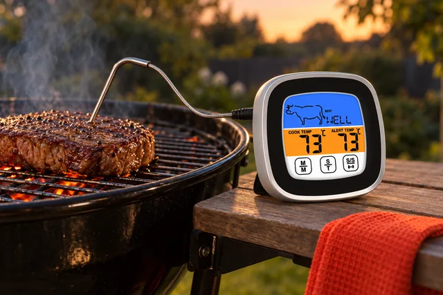 The ThermoReady standing on a wooden shelf by a barbecue grill at dusk, its probe in a steak on the grate and its display lit