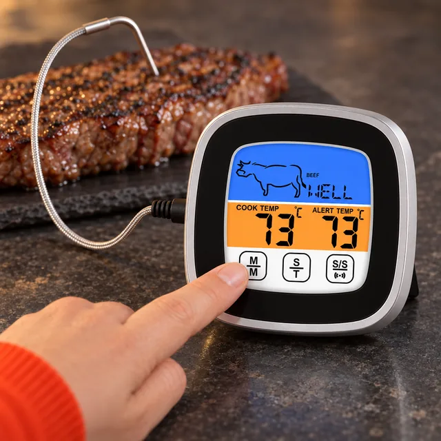 A fingertip touching the M/M button of the ThermoReady, its display lit above with the cook and alert temperatures