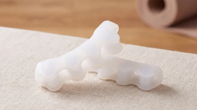 White, slightly translucent ToeLogic silicone toe separators resting on a linen cloth