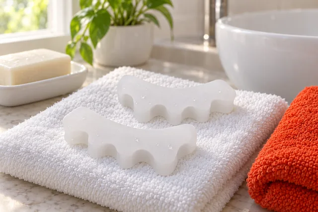 Two ToeLogic separators lying on a folded white towel by a bathroom basin, drops of water on the silicone