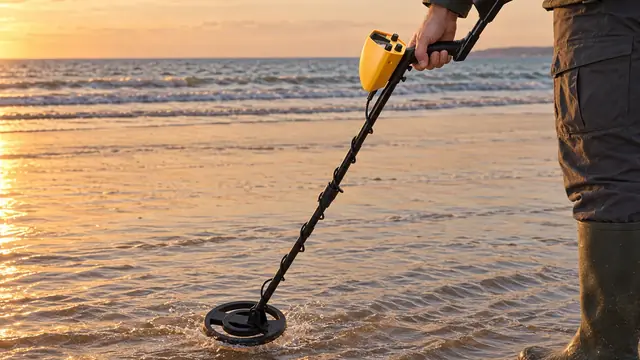 One hand on the grip of the yellow and black TreasureScope, its round coil sweeping through shallow sea water at the tideline