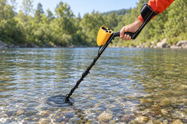 A hand holding the yellow and black TreasureScope by its grip, its round coil swept through shallow water over the pebbles at a river's edge