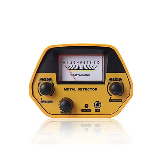 The yellow control box of the TreasureScope straight on, with its white needle meter marked 0 to 10, three black knobs and the headphone socket
