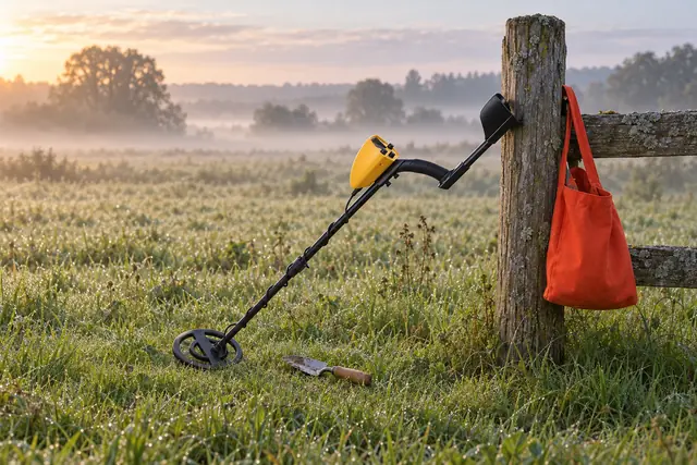 The yellow and black TreasureScope leaning on a wooden fence post at the edge of a dewy meadow, its coil on the grass beside a small trowel, a bag hanging on the post