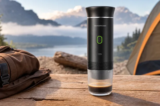 Den sorte TrekSpresso med espresso i den riflede kop forneden står på et campingbord af træ, og bagved ses bjerge, en sø og et telt