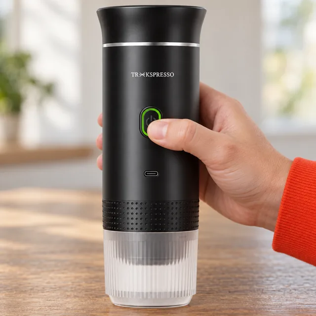 En hånd holder den sorte TrekSpresso med tommelfingeren på den grønt kantede tænd-sluk-knap; over knappen står navnet, og under den sidder USB-C-indgangen