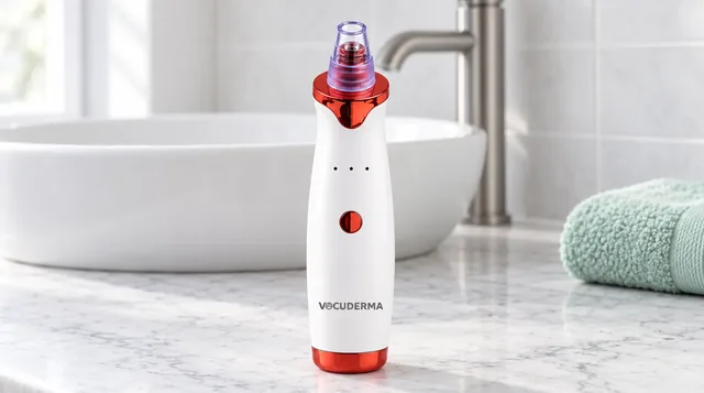 Der weiße VacuDerma mit violettem Aufsatz auf einem Waschtisch aus Marmor neben einem Becken und einem Wasserhahn