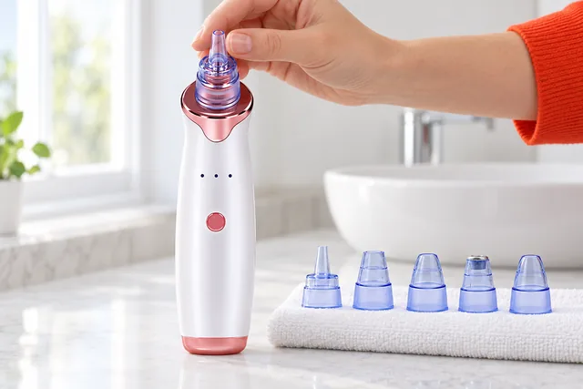 Eine Hand setzt einen violetten Aufsatz auf den weißen VacuDerma auf einer Badablage, die übrigen Aufsätze in einer Reihe auf einem gefalteten Handtuch