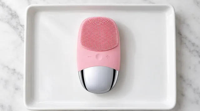 The pink VibePure facial brush lying on a white tray on marble, seen from above: its bristle face, the minus mark, round button and plus mark, and its chrome base