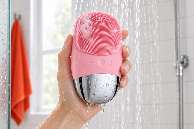 A hand holding the pink VibePure under running water in a shower, foam on its silicone bristles and drops on its chrome base