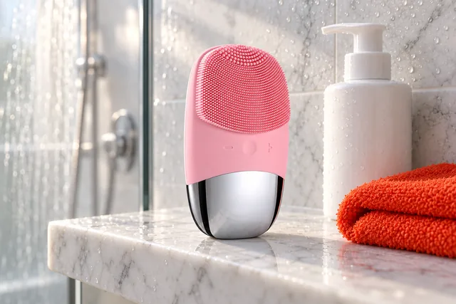 The pink VibePure standing on its chrome base on a marble shower shelf beside a pump bottle and a folded washcloth