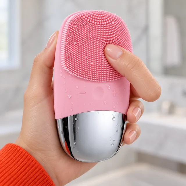 A fingertip pressing into the soft pink silicone bristles of the VibePure, the minus mark, button and plus mark below