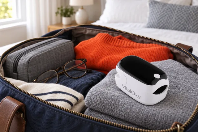 The white VitalOxy lying on folded clothes in an open weekend bag beside a wash bag, glasses and a jumper