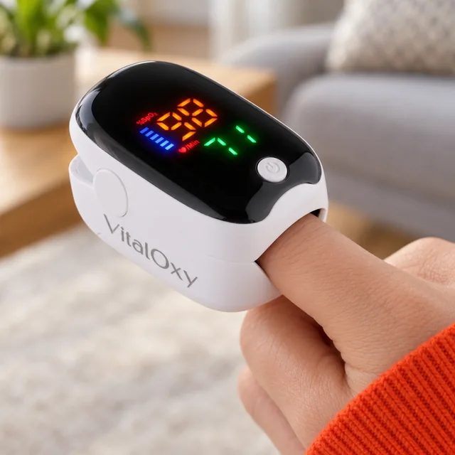 Close on the lit display of the white VitalOxy clipped on a fingertip, orange oxygen digits beside a blue bar and green pulse digits, the round button beside them