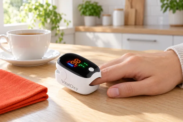 A fingertip in the clip of the white VitalOxy on a kitchen table, its display lit with the oxygen and pulse readings