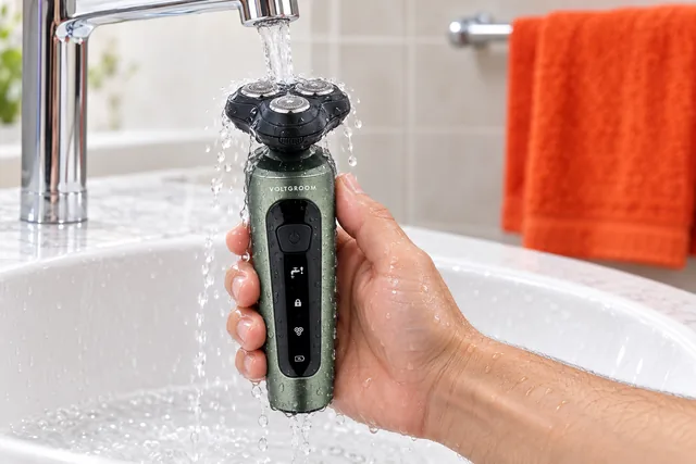 A hand holding the dark green VoltGroom shaver under a running tap over a white basin, water running over its three heads