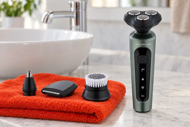 The dark green VoltGroom standing on a bathroom counter by the basin, a nose trimmer, a trimmer head and a face brush on a folded towel beside it