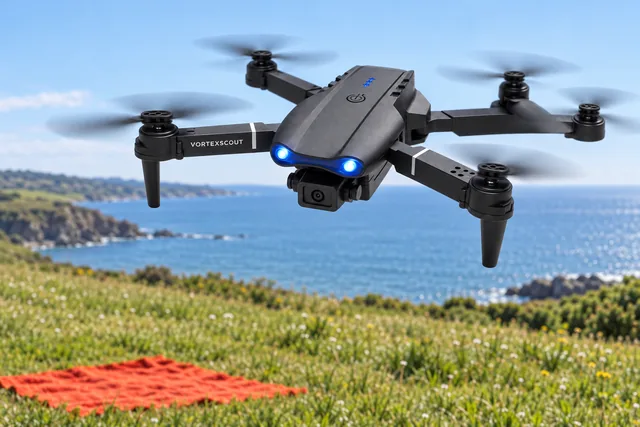 El dron VortexScout gris oscuro volando sobre un prado verde junto a la costa, con sus cuatro hélices girando, las luces delanteras azules encendidas y el mar al fondo