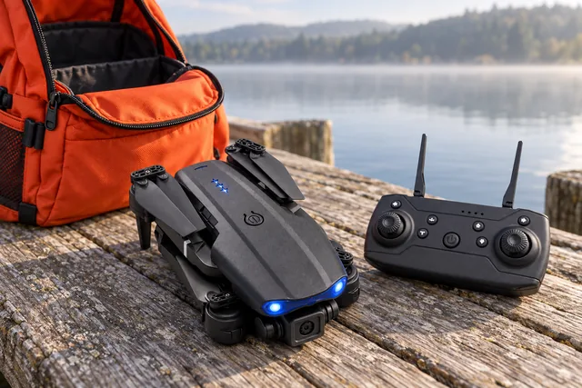 El dron VortexScout plegado sobre un embarcadero de madera junto a un lago, al lado de su mando y de una mochila abierta