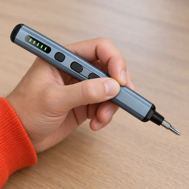 A hand holding the gray blue Vorxis, its five green lights and its round and oblong buttons along the barrel