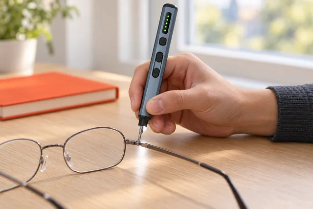 A hand holding the gray blue Vorxis screwdriver like a pen, its tip on the hinge screw of a pair of glasses on a wooden desk