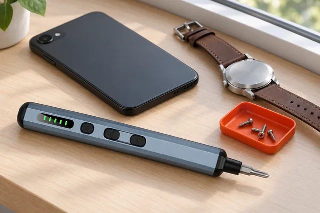 The gray blue Vorxis lying on a wooden desk beside a phone face down, a wristwatch and a small tray of tiny screws