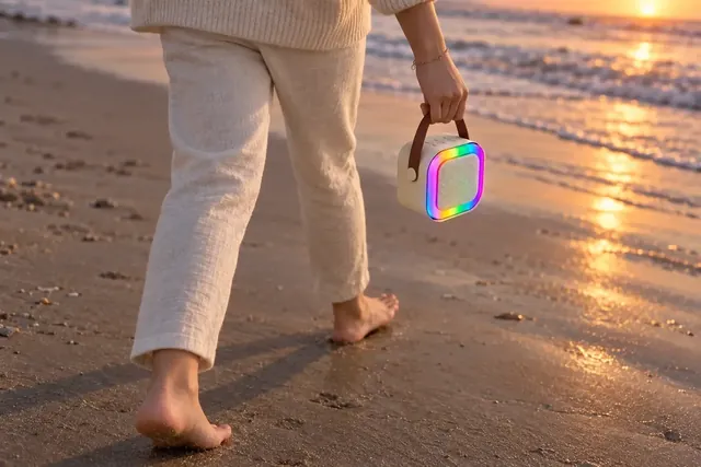 A person seen from the waist down walking barefoot along a beach at sunset, carrying the VoxWizard speaker by its brown strap, its rainbow ring lit