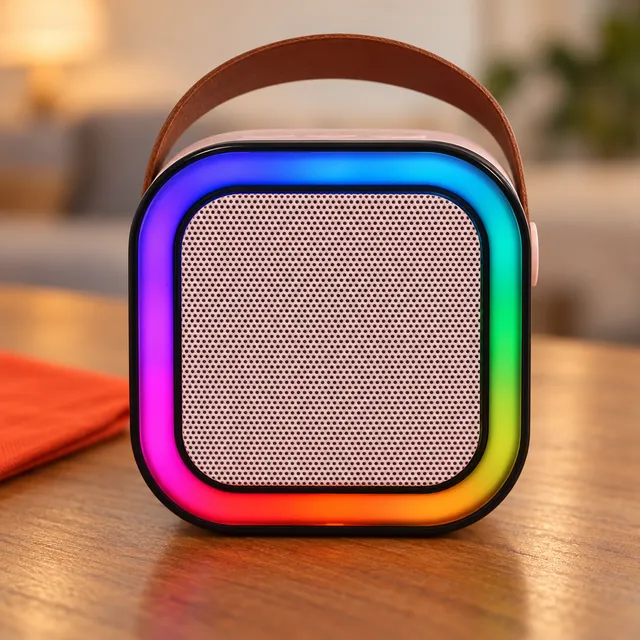 Close on the front of the VoxWizard speaker, its rainbow light ring around the pale pink mesh grille and its brown strap on top