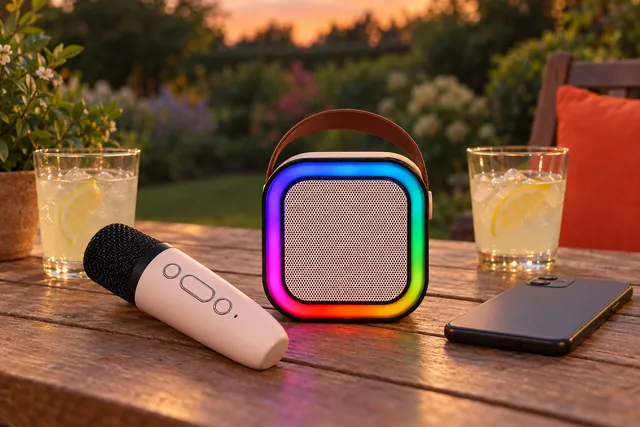 The VoxWizard speaker glowing on a garden table at dusk, its microphone, a phone and two glasses of lemonade beside it