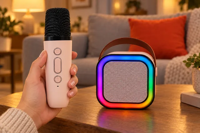 A hand holding the pale pink VoxWizard microphone in a living room in the evening, the speaker glowing with its rainbow ring on the table