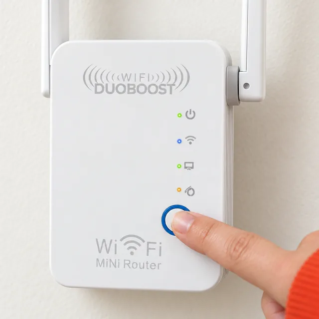 En fingerspids trykker på den runde knap med den blå ring på den hvide WiFi DuoBoost, og over knappen sidder de fire statuslamper