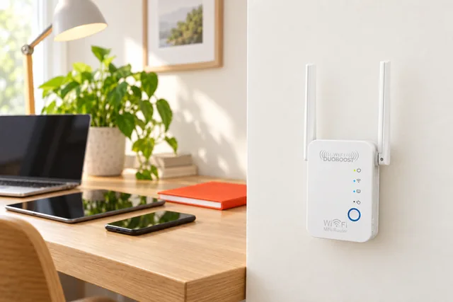 Den hvide WiFi DuoBoost sidder i stikkontakten på væggen ved siden af et skrivebord af træ med en bærbar, en tablet og en mobil