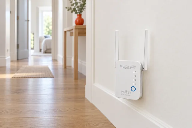 Den hvide WiFi DuoBoost sidder med begge antenner rejst og statuslamperne tændt i en stikkontakt lavt på væggen i en gang, og længere inde ses åbne døre