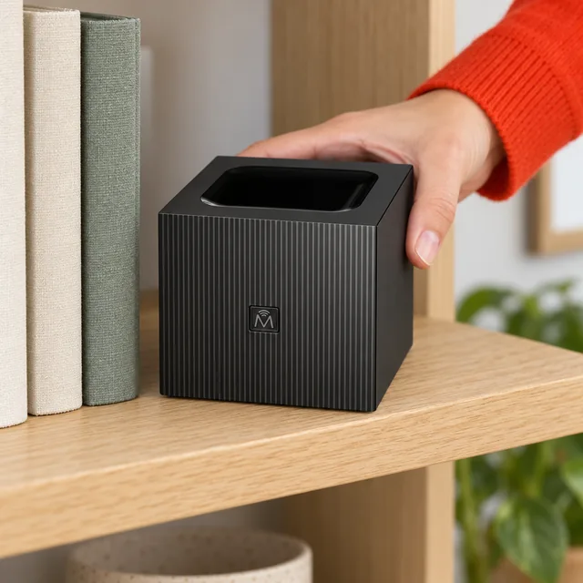 Eine Hand stellt den schwarzen, gerippten WifiQube in ein Bücherregal aus Holz, vorn das M-Logo