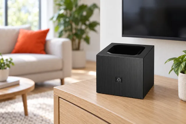 Der schwarze, gerippte WifiQube auf einem Lowboard aus Holz neben einem Fernseher in einem hellen Wohnzimmer, dahinter ein Sofa