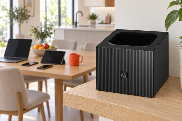 Der schwarze WifiQube auf einem Regal in einer offenen Wohnküche, dahinter auf dem Esstisch ein Laptop, ein Tablet und zwei Handys