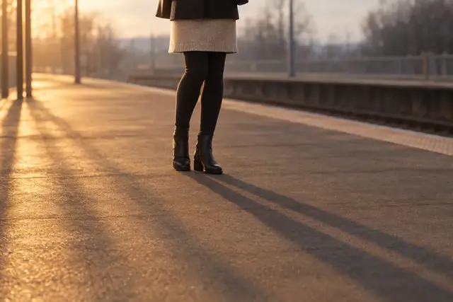 Una mujer vista de cintura para abajo en el andén de una estación al atardecer, con las mallas negras WinterWeave bajo una falda de punto y botines